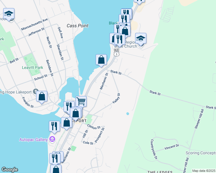 map of restaurants, bars, coffee shops, grocery stores, and more near 293 Mechanic Street in Laconia