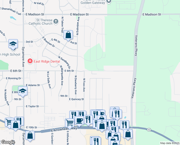 map of restaurants, bars, coffee shops, grocery stores, and more near 5501 East 6th Street in Sioux Falls