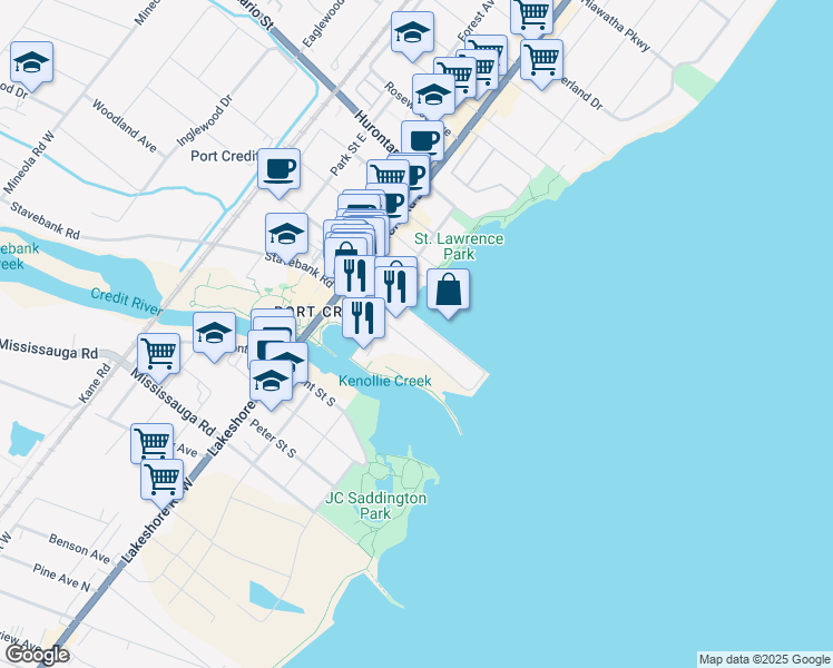 map of restaurants, bars, coffee shops, grocery stores, and more near 1 Port Street East in Mississauga