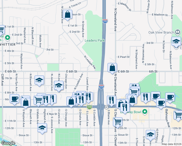 map of restaurants, bars, coffee shops, grocery stores, and more near 2407-2409 East 6th Street in Sioux Falls