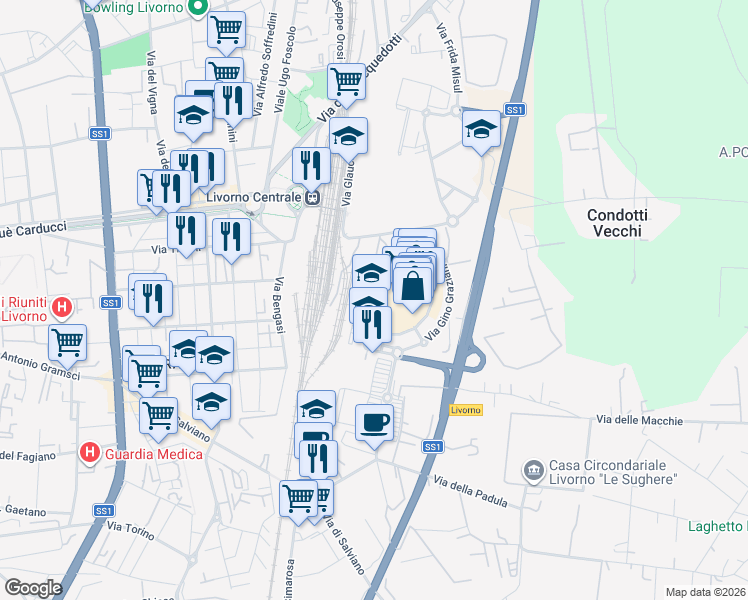 map of restaurants, bars, coffee shops, grocery stores, and more near 131 Via Aurelio Lampredi in Livorno