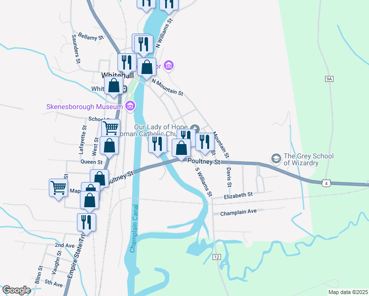 map of restaurants, bars, coffee shops, grocery stores, and more near 64 Williams Street in Whitehall