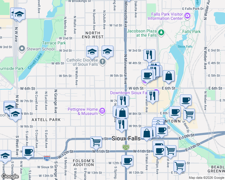 map of restaurants, bars, coffee shops, grocery stores, and more near 335 North Spring Avenue in Sioux Falls