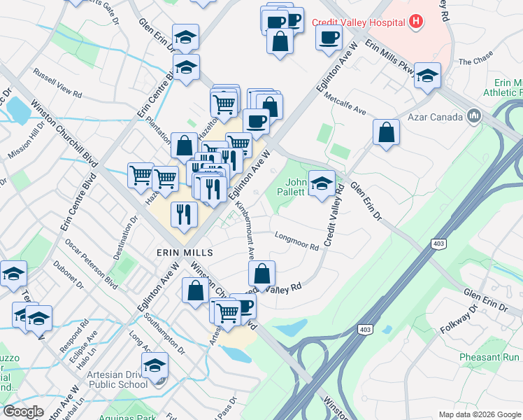 map of restaurants, bars, coffee shops, grocery stores, and more near 4605 Donegal Drive in Mississauga