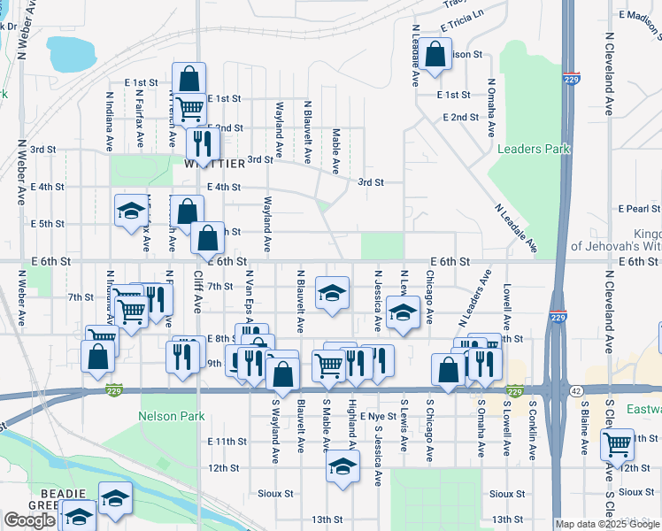 map of restaurants, bars, coffee shops, grocery stores, and more near 1701 East 6th Street in Sioux Falls