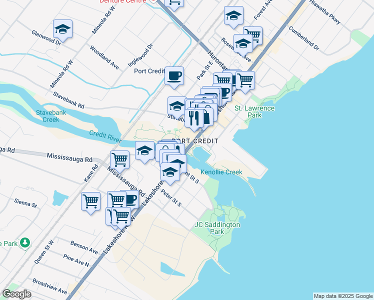 map of restaurants, bars, coffee shops, grocery stores, and more near Lakeshore Road East in Mississauga