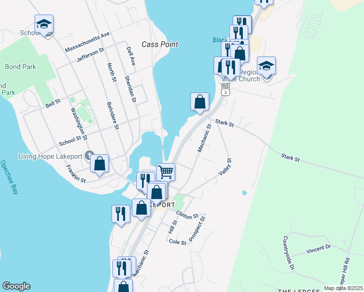 map of restaurants, bars, coffee shops, grocery stores, and more near 947 Union Avenue in Laconia