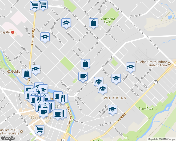 map of restaurants, bars, coffee shops, grocery stores, and more near 123 Grove Street in Guelph