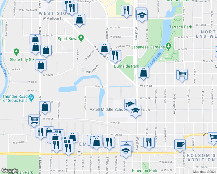 map of restaurants, bars, coffee shops, grocery stores, and more near 330 North Western Avenue in Sioux Falls