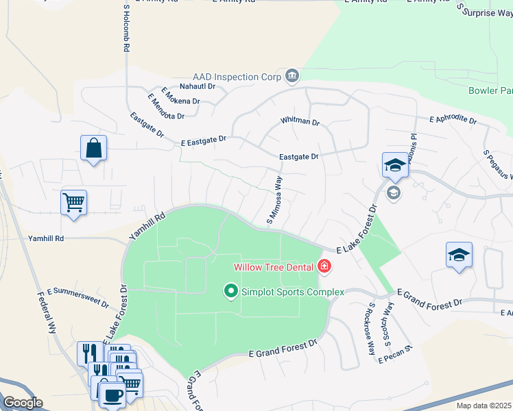 map of restaurants, bars, coffee shops, grocery stores, and more near 5667 South Kalmia Place in Boise