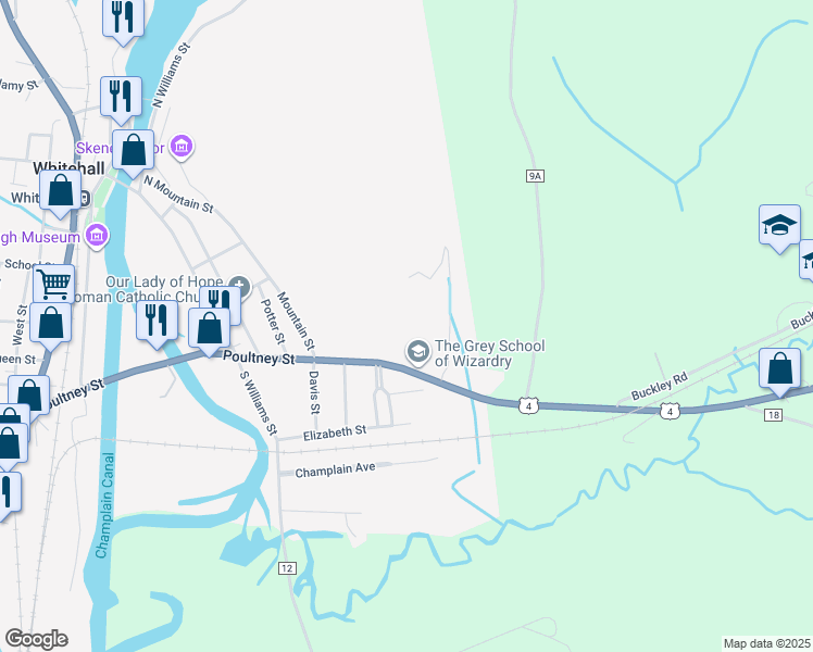 map of restaurants, bars, coffee shops, grocery stores, and more near 117 Poultney Street in Whitehall