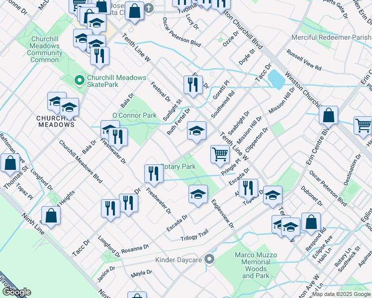 map of restaurants, bars, coffee shops, grocery stores, and more near 3287 Tacc Drive in Mississauga