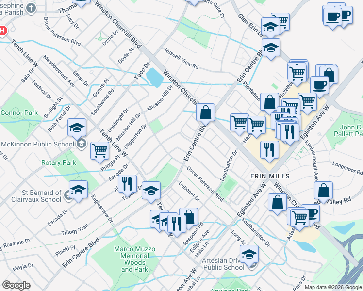 map of restaurants, bars, coffee shops, grocery stores, and more near 5233 Tresca Trail in Mississauga