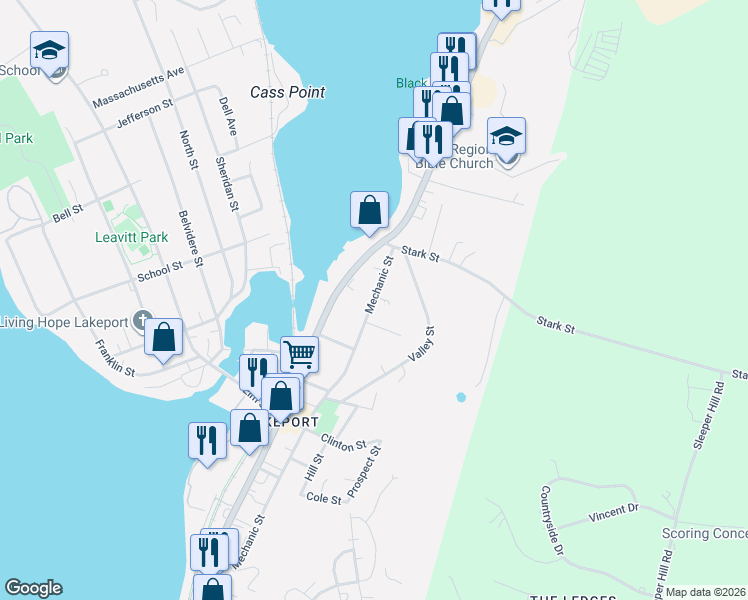 map of restaurants, bars, coffee shops, grocery stores, and more near 293 Mechanic Street in Laconia