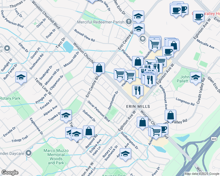 map of restaurants, bars, coffee shops, grocery stores, and more near in Mississauga