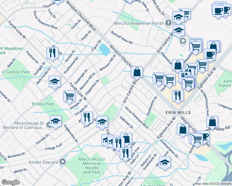map of restaurants, bars, coffee shops, grocery stores, and more near in Mississauga