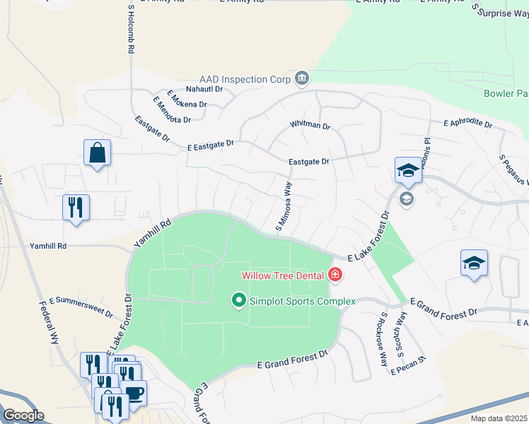 map of restaurants, bars, coffee shops, grocery stores, and more near 5667 South Kalmia Place in Boise