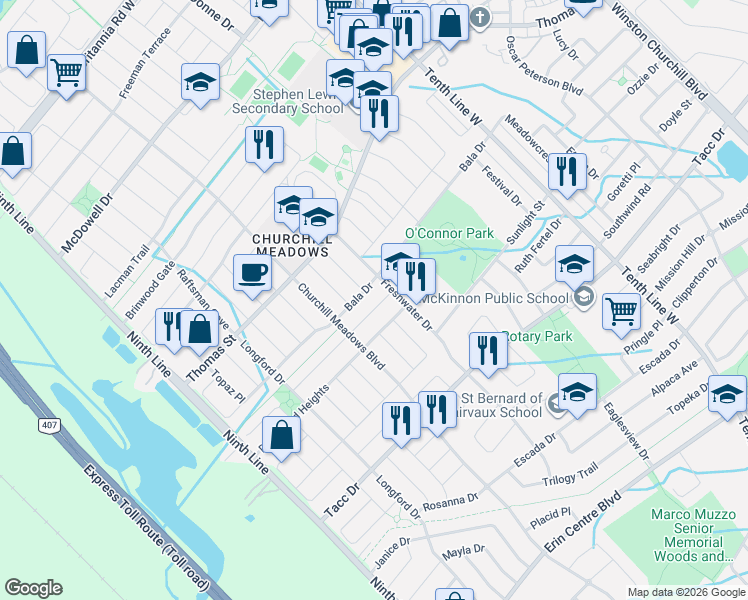 map of restaurants, bars, coffee shops, grocery stores, and more near 3781 Swiftdale Drive in Mississauga