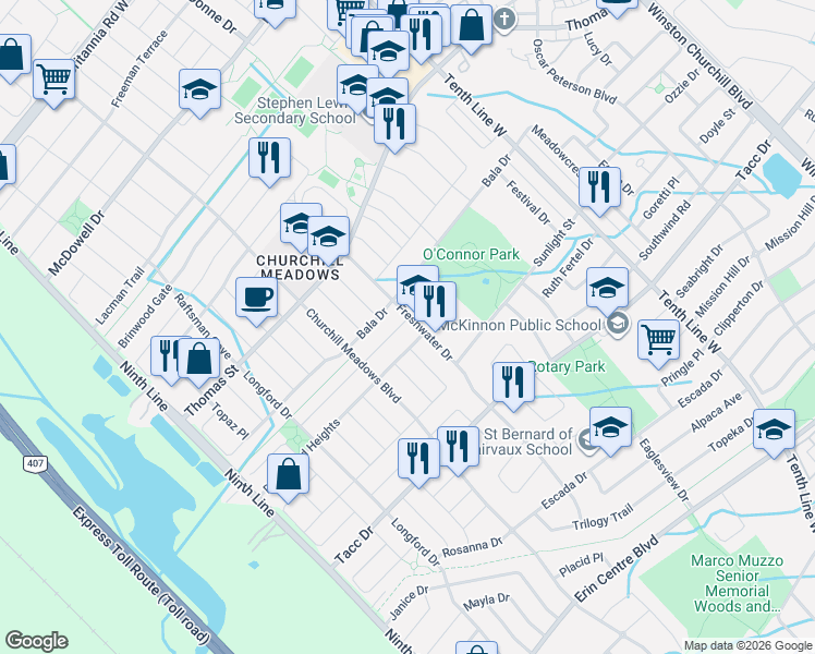 map of restaurants, bars, coffee shops, grocery stores, and more near 5610 Freshwater Drive in Mississauga