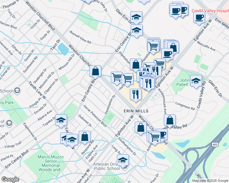 map of restaurants, bars, coffee shops, grocery stores, and more near 5100 Winston Churchill Boulevard in Mississauga