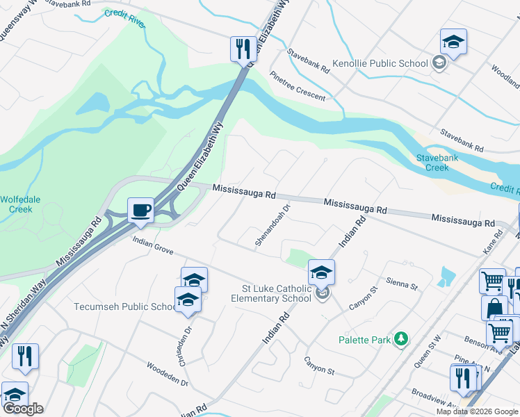 map of restaurants, bars, coffee shops, grocery stores, and more near 1470 Mississauga Road in Mississauga