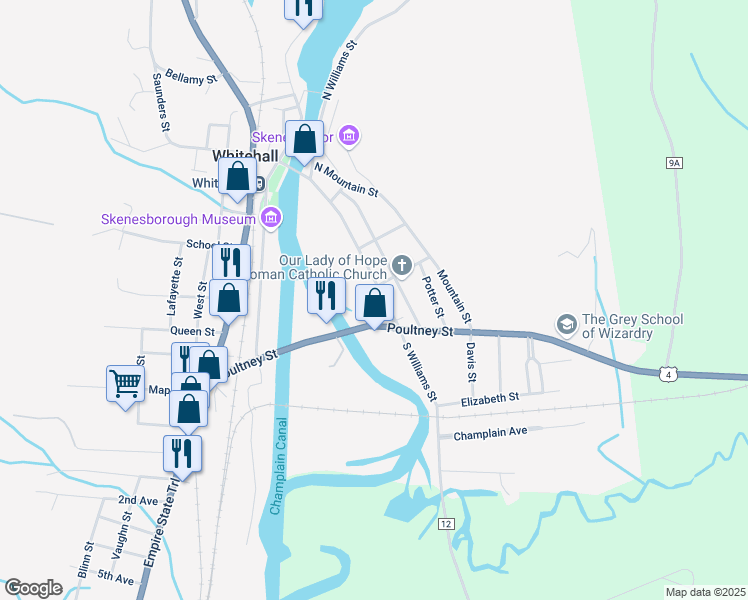 map of restaurants, bars, coffee shops, grocery stores, and more near 64 Williams Street in Whitehall
