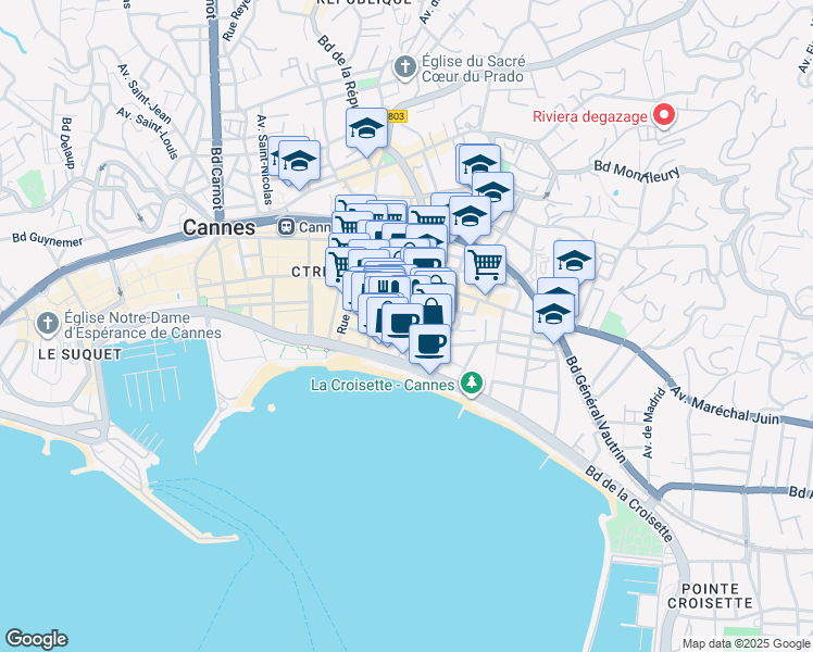 map of restaurants, bars, coffee shops, grocery stores, and more near 45 Boulevard de la Croisette in Cannes