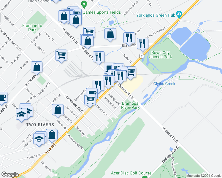 map of restaurants, bars, coffee shops, grocery stores, and more near 493 York Road in Guelph