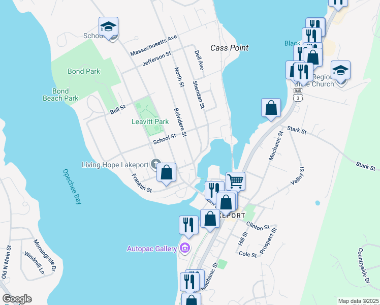 map of restaurants, bars, coffee shops, grocery stores, and more near 50 Belvidere Street in Laconia