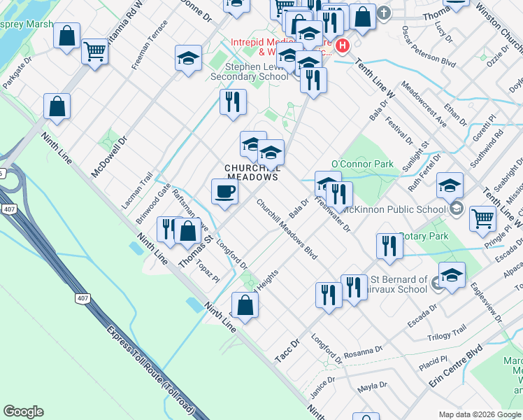 map of restaurants, bars, coffee shops, grocery stores, and more near 5654 Churchill Meadows Boulevard in Mississauga
