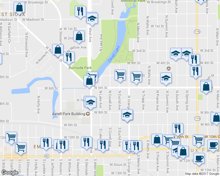 map of restaurants, bars, coffee shops, grocery stores, and more near 398 N Covell Ave in Sioux Falls