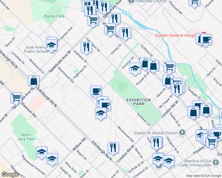 map of restaurants, bars, coffee shops, grocery stores, and more near 202 Kathleen Street in Guelph