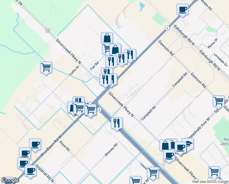 map of restaurants, bars, coffee shops, grocery stores, and more near 485 Silvercreek Parkway North in Guelph