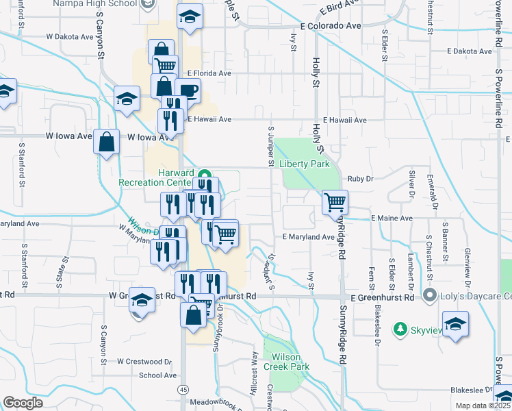 map of restaurants, bars, coffee shops, grocery stores, and more near 1801 South Juniper Street in Nampa