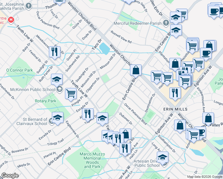map of restaurants, bars, coffee shops, grocery stores, and more near 5302 Palmetto Place in Mississauga