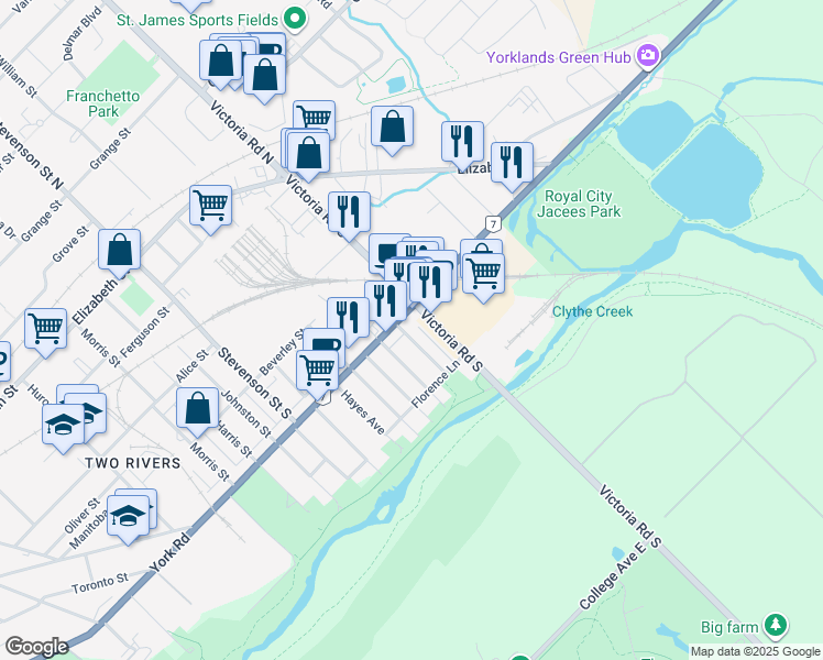 map of restaurants, bars, coffee shops, grocery stores, and more near 493 York Road in Guelph
