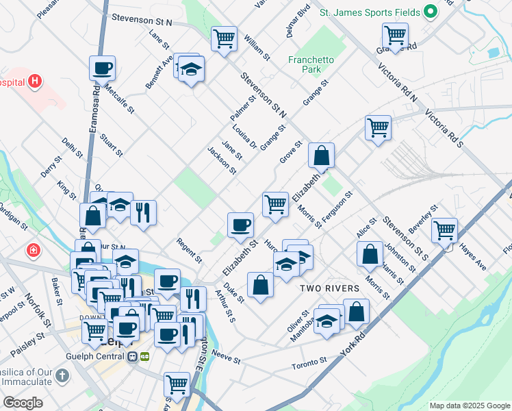 map of restaurants, bars, coffee shops, grocery stores, and more near 123 Grove Street in Guelph