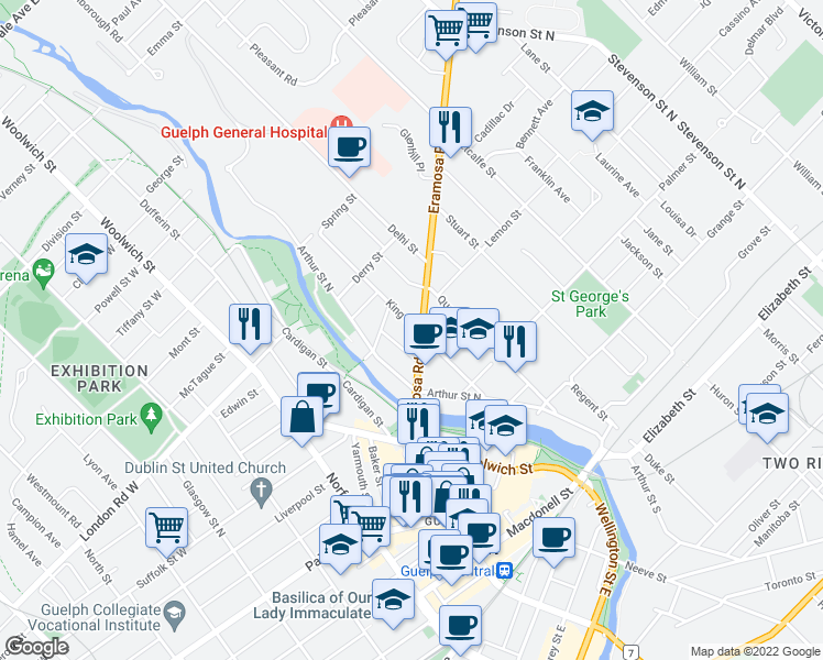 map of restaurants, bars, coffee shops, grocery stores, and more near in Guelph