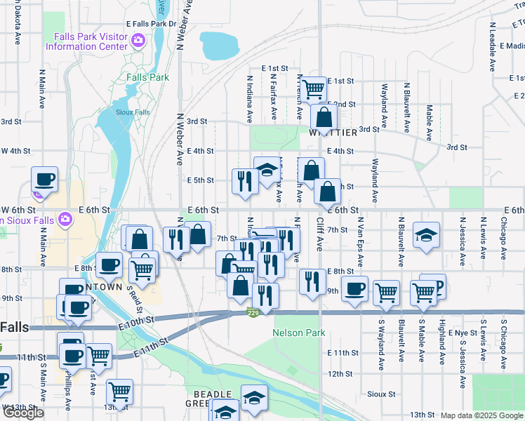 map of restaurants, bars, coffee shops, grocery stores, and more near 300-398 North Indiana Avenue in Sioux Falls
