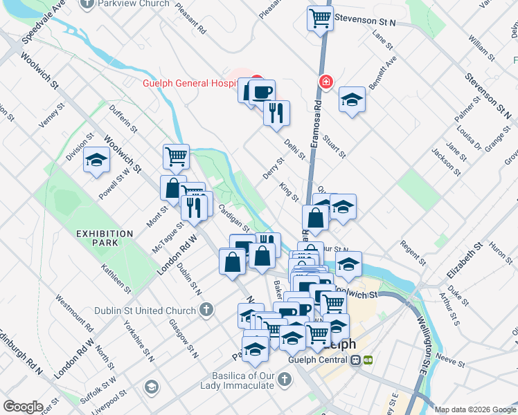 map of restaurants, bars, coffee shops, grocery stores, and more near 206 Arthur Street North in Guelph