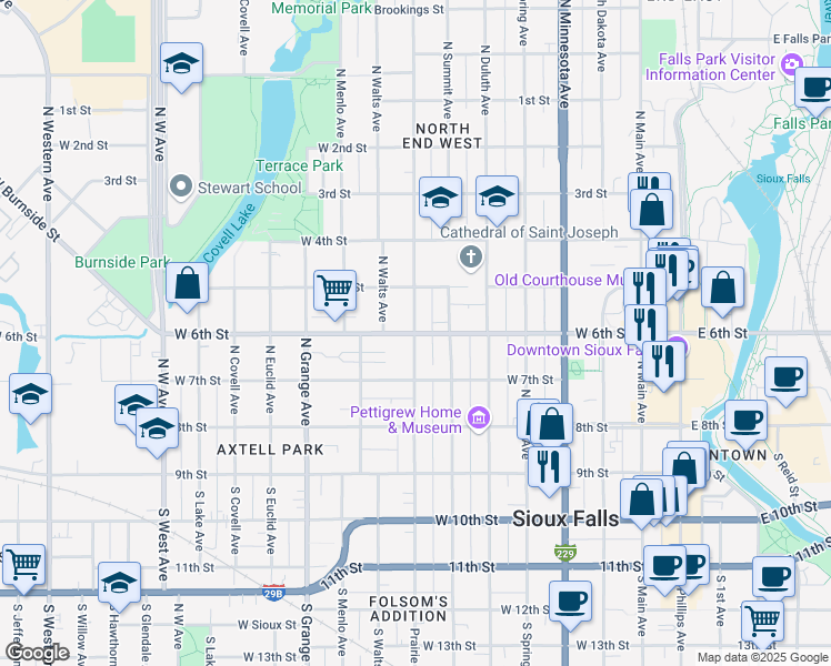 map of restaurants, bars, coffee shops, grocery stores, and more near 799 W 6th St in Sioux Falls