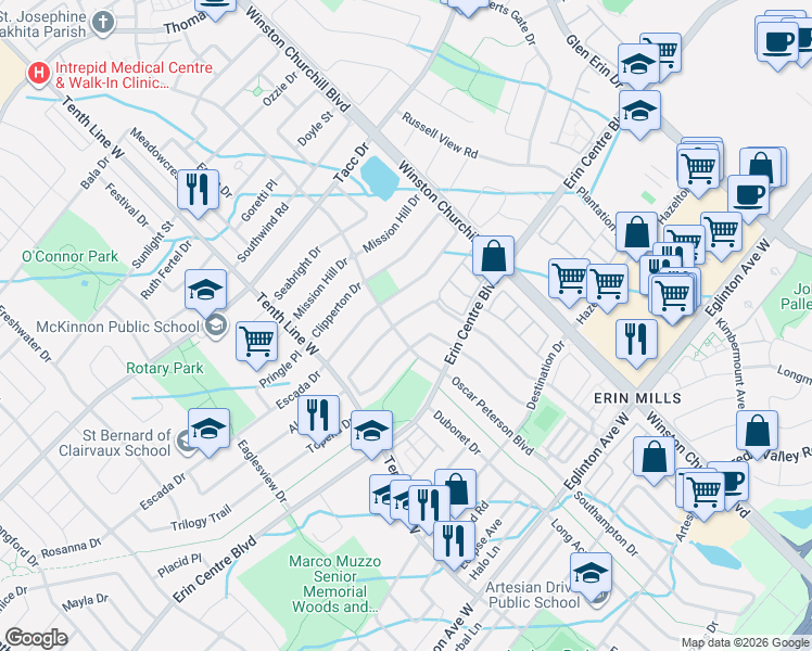 map of restaurants, bars, coffee shops, grocery stores, and more near 5300 Palmetto Place in Mississauga