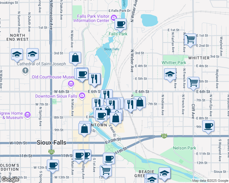 map of restaurants, bars, coffee shops, grocery stores, and more near 305 East 6th Street in Sioux Falls