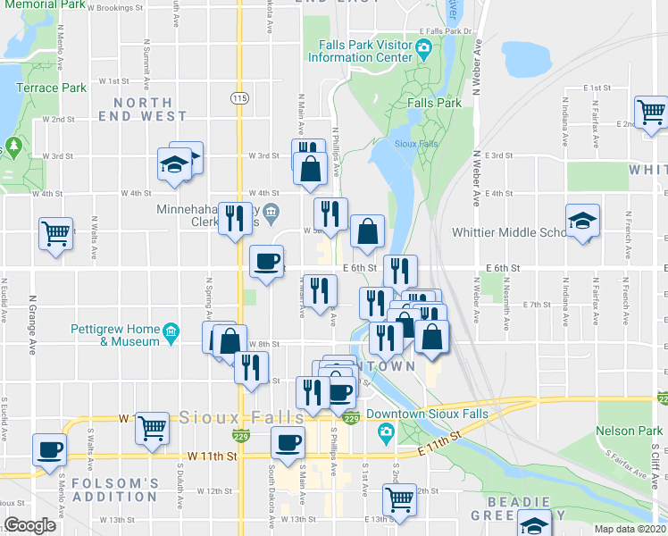 map of restaurants, bars, coffee shops, grocery stores, and more near E 6th St & W 6th St in Sioux Falls