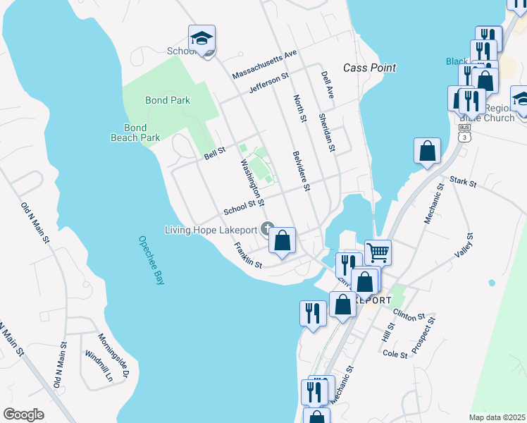 map of restaurants, bars, coffee shops, grocery stores, and more near 76 Washington Street in Laconia