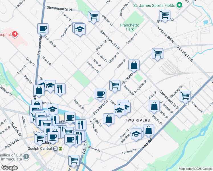 map of restaurants, bars, coffee shops, grocery stores, and more near 125 Grove Street in Guelph