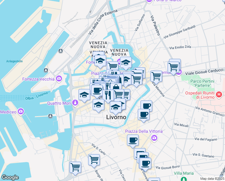 map of restaurants, bars, coffee shops, grocery stores, and more near 20 Via Alessandro Pieroni in Livorno