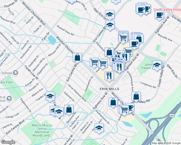 map of restaurants, bars, coffee shops, grocery stores, and more near 5100 Winston Churchill Boulevard in Mississauga