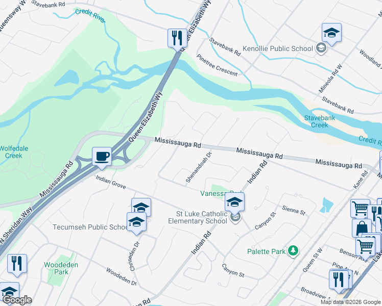 map of restaurants, bars, coffee shops, grocery stores, and more near 1579 Wateska Boulevard in Mississauga
