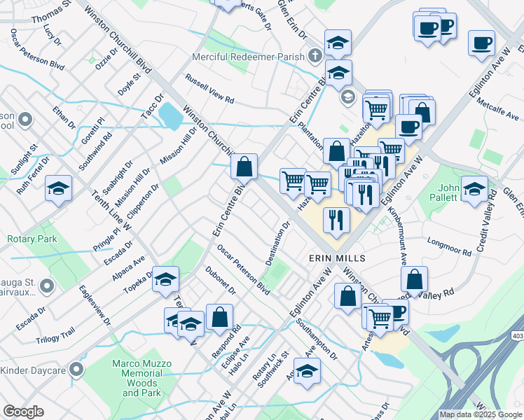 map of restaurants, bars, coffee shops, grocery stores, and more near 3050 Erin Centre Boulevard in Mississauga